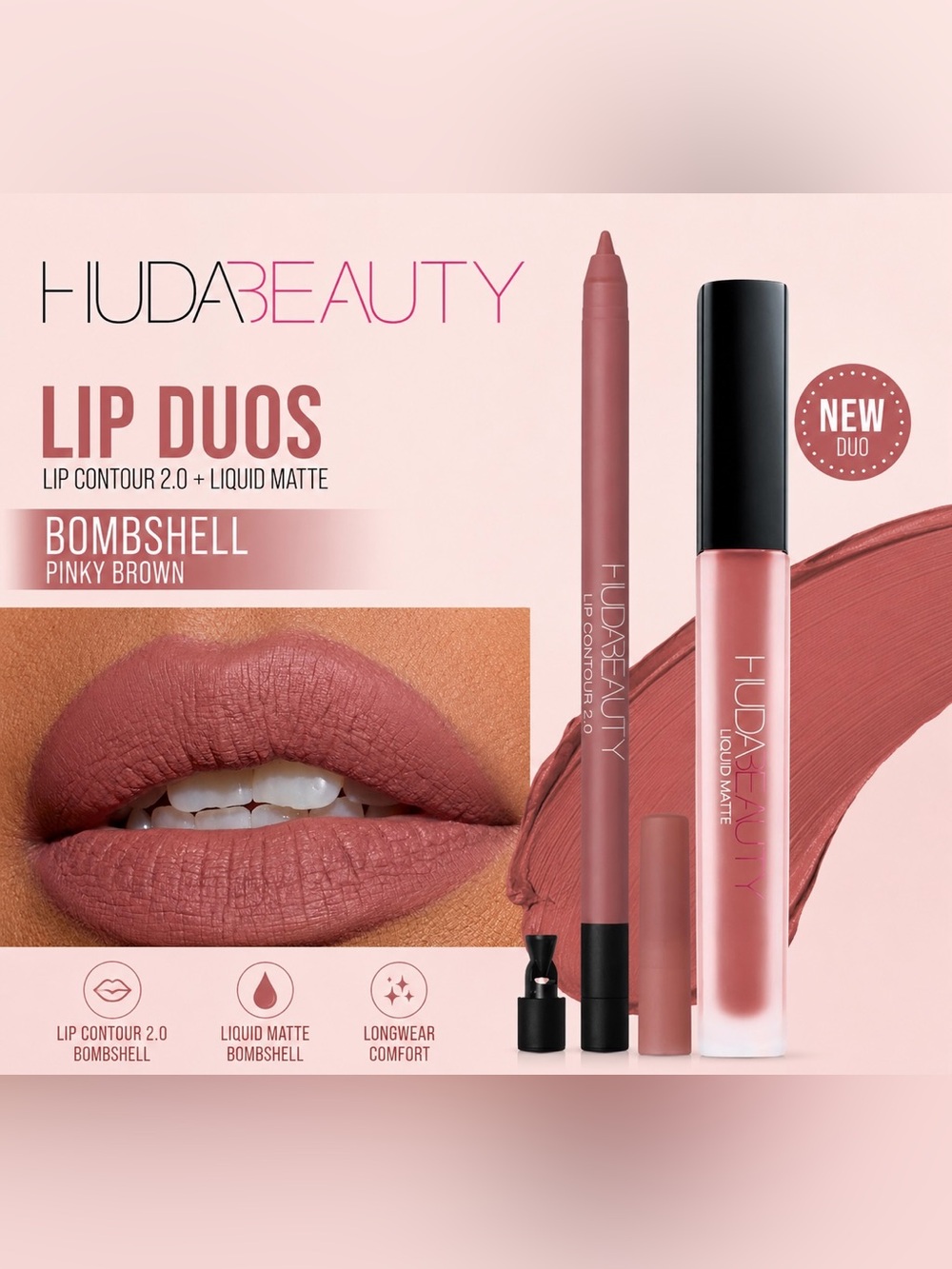 HUDA BEAUTY Bombshell Lip Duo - Liquid Matte Lipstick & Lip Contour 2.0 - New